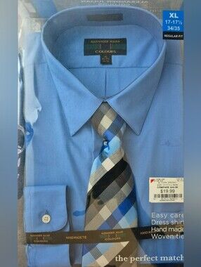Alexander Julian Euro Blue Dress Shirt with Blue, Gray and Black Plaid Tie